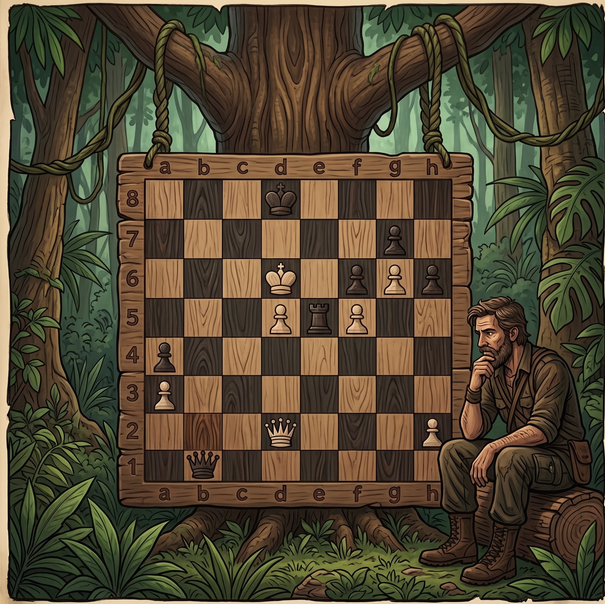 Instagram post: Chessboard merged with jungle illustration