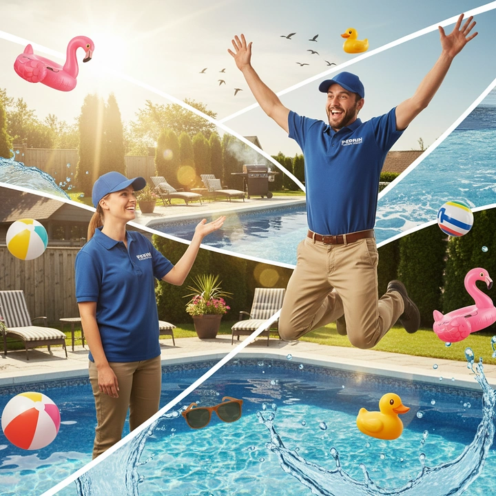 Swimming Pools & Pool Care creative ad: Dynamic split-scene pool celebration