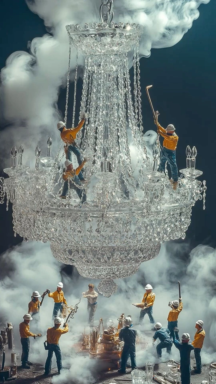 Lighting Stores & Lamps creative ad: Surreal workers construct giant chandelier