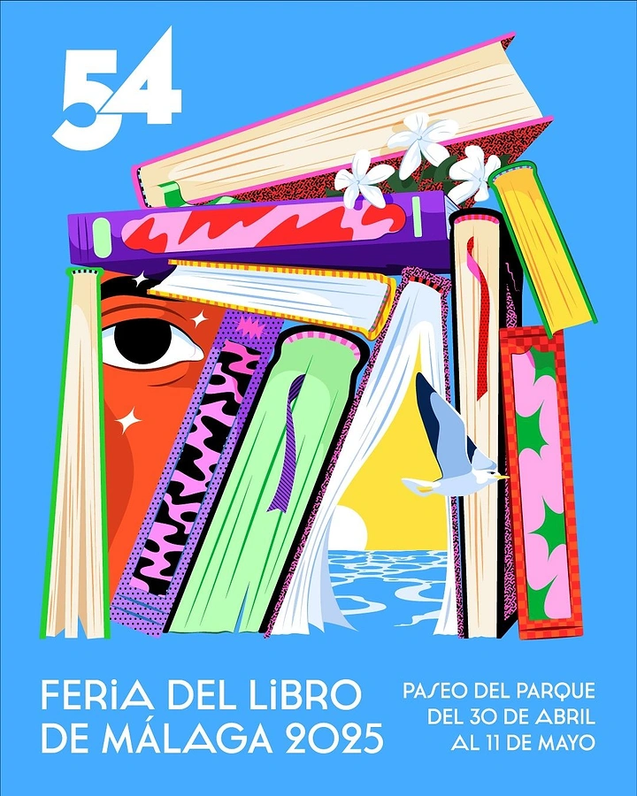Bookstores creative ad: Bold illustrated book stack forms face, seascape