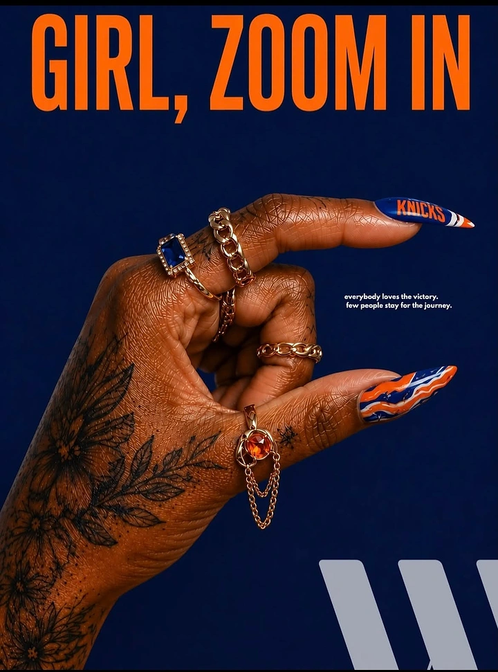 Nail Salons creative ad: Knicks-themed nails, 'Girl, zoom in' copy