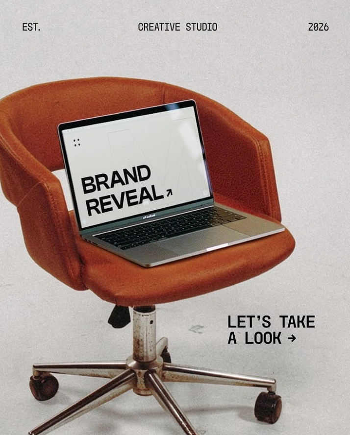 Agency creative ad: Laptop on chair teases studio brand reveal