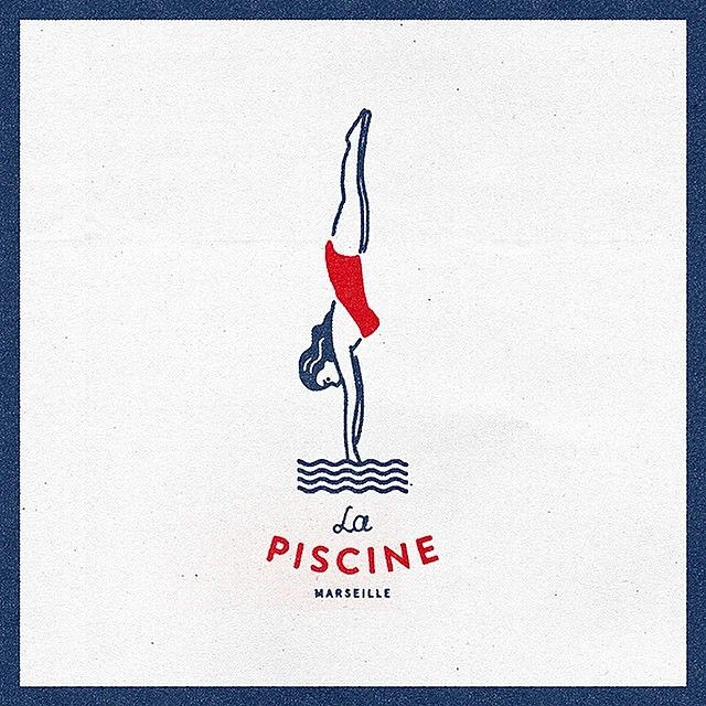 Swimming Pools & Pool Care creative ad: Diver forms elegant pool logo mark