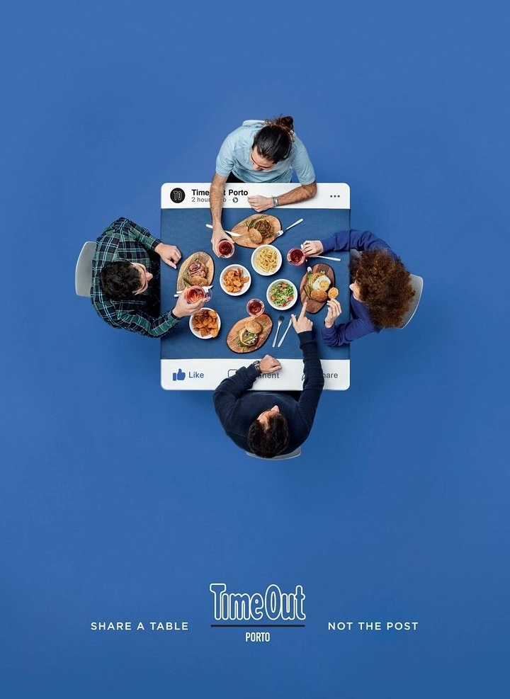 Creative ad: Friends eating at a table styled as a social post