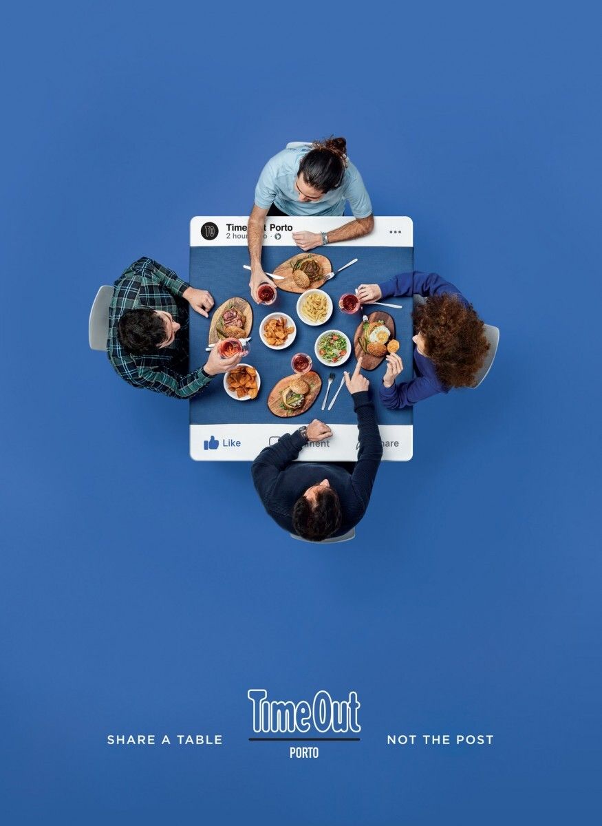 Poster: Friends eating at a table styled as a social post
