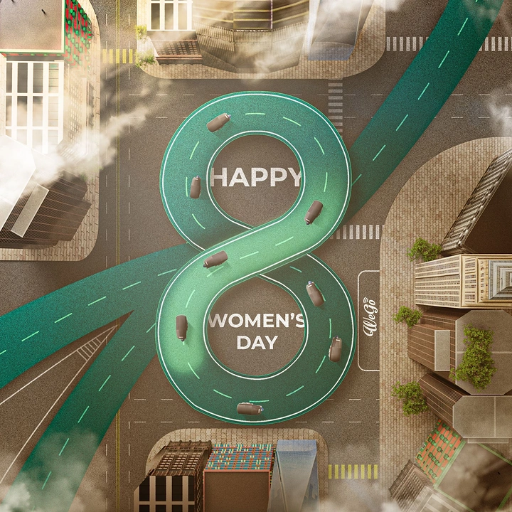 Women's Day creative ad: Top-down city with a green figure-8 highway carrying cars