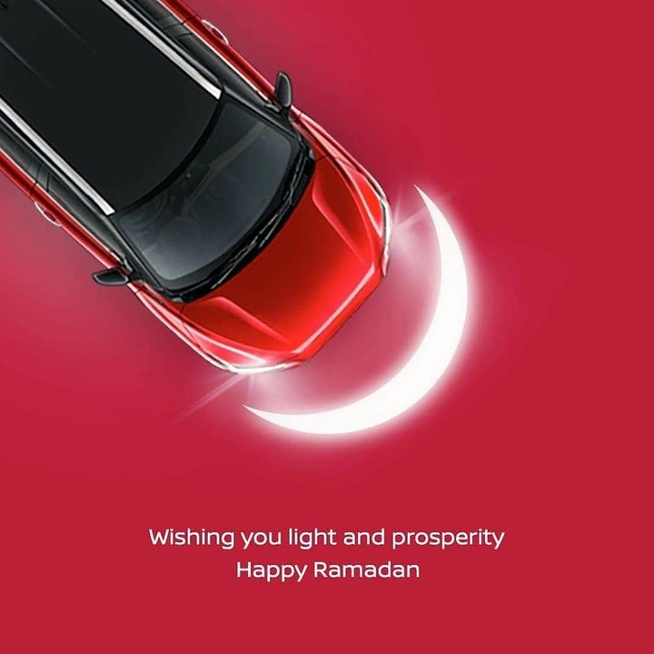 Ramadan creative ad: Top-down red car whose headlight beam forms a glowing crescent moon