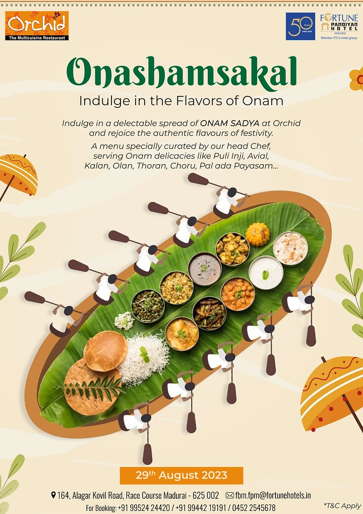 Onam creative ad: Banana-leaf sadya shaped as a snake boat with illustrated rowers