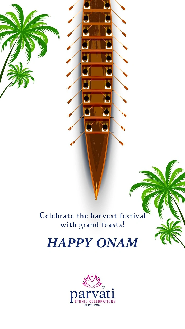 Onam creative ad: Top-down illustrated snake boat with rowers