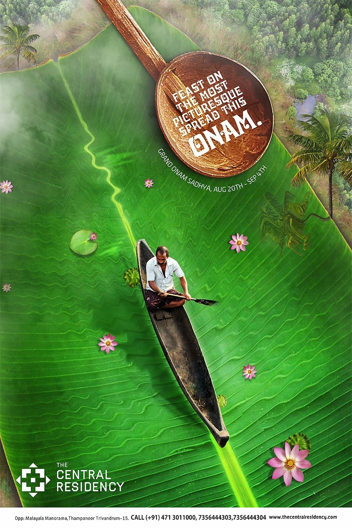 Onam creative ad: Man rowing a canoe across a giant banana leaf like a backwater