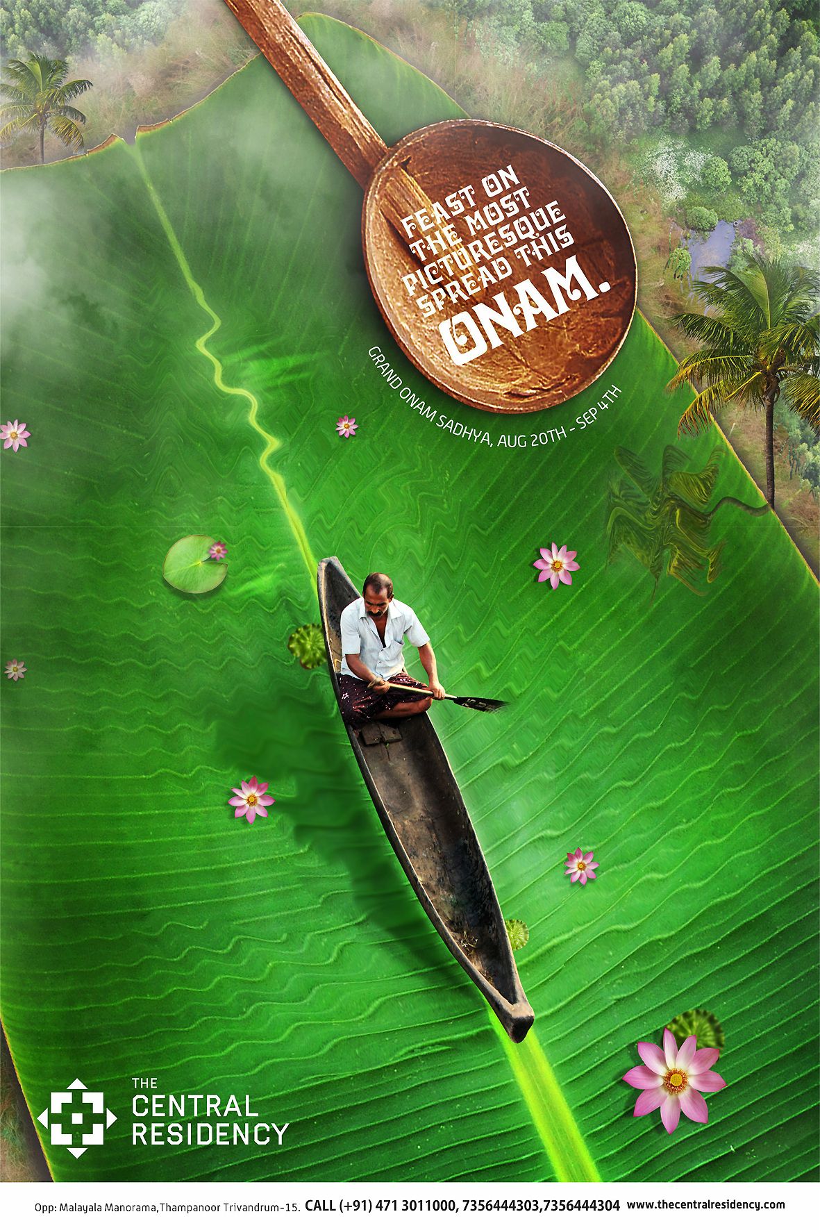 Man rowing a canoe across a giant banana leaf like a backwater