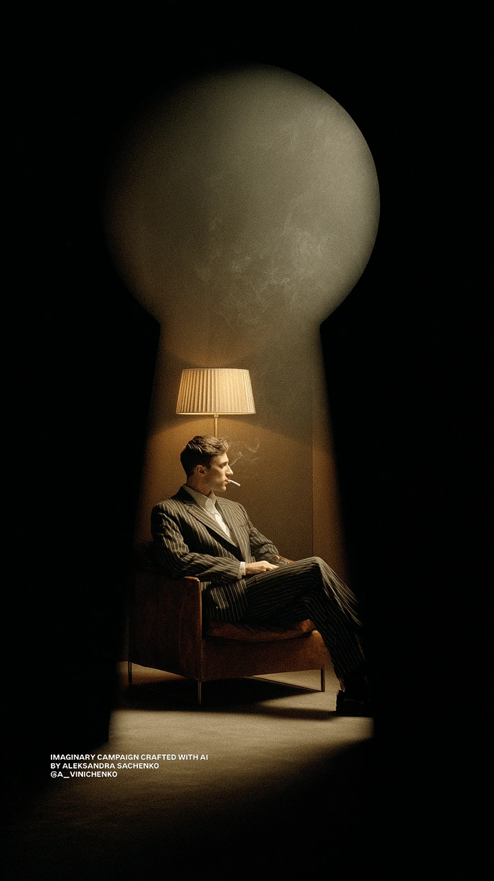 Lighting Stores & Lamps creative ad: A seated man in a tailored suit beneath an enormous keyhole-shaped lamp aperture