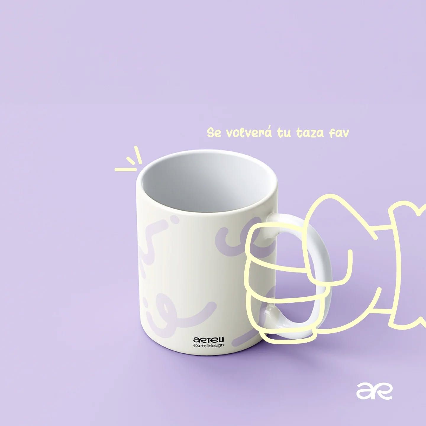 Instagram post: Drawn hand interacts with physical mug