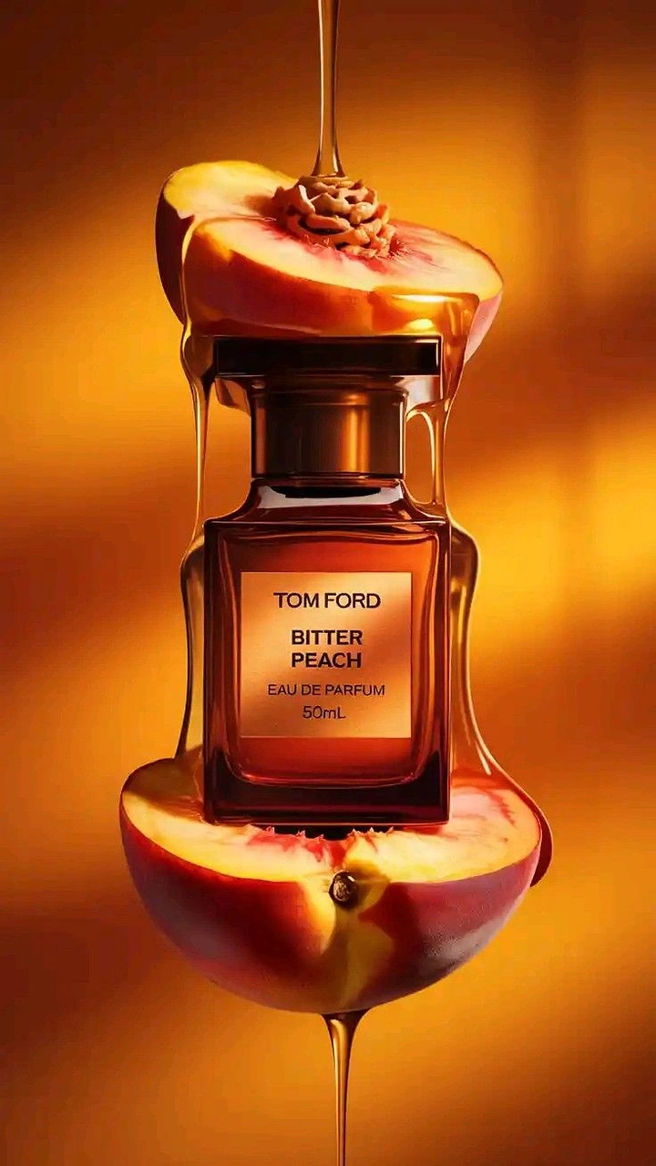 Perfume & Fragrance creative ad: Perfume bottle sandwiched between peach halves dripping syrup
