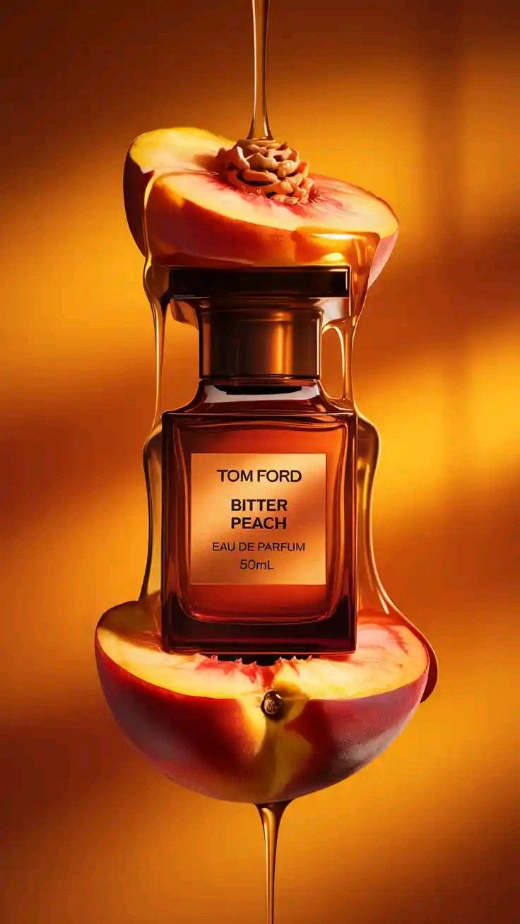 Perfume bottle sandwiched between peach halves dripping syrup