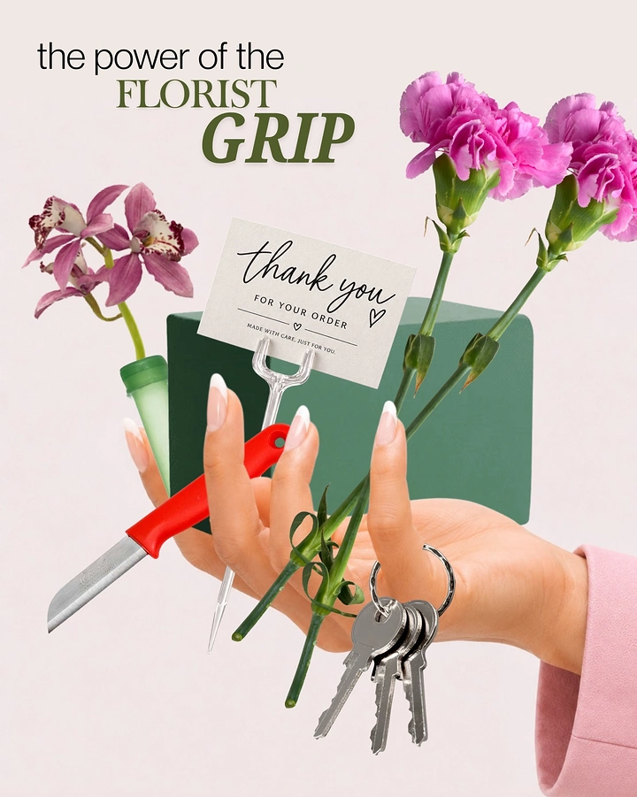 Florists creative ad: Florist grip collage: shears, keys, card