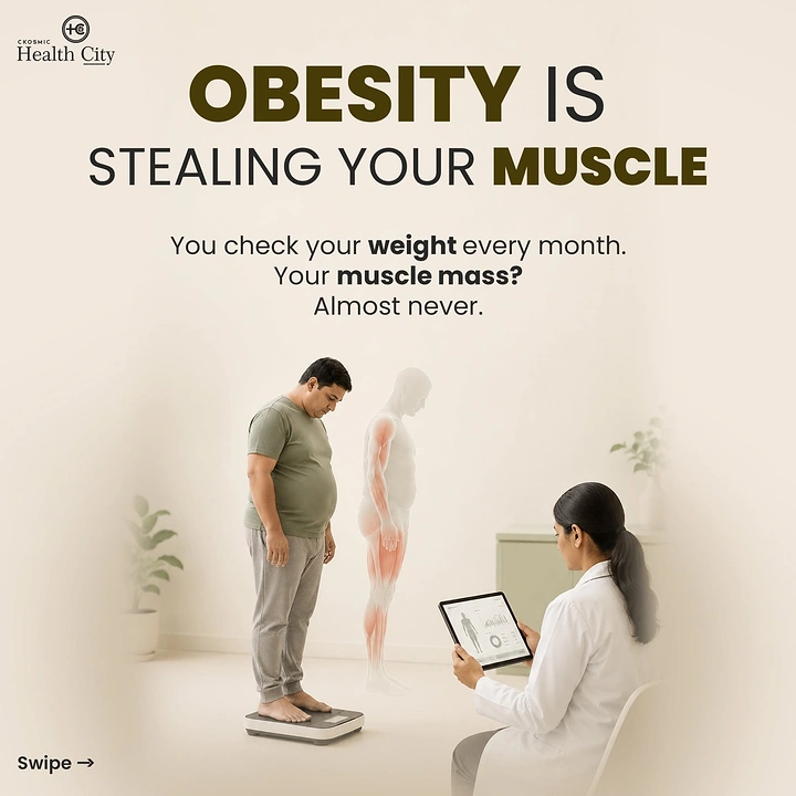 Weight Loss Clinics creative ad: Strong obesity-stealing-muscle visual metaphor
