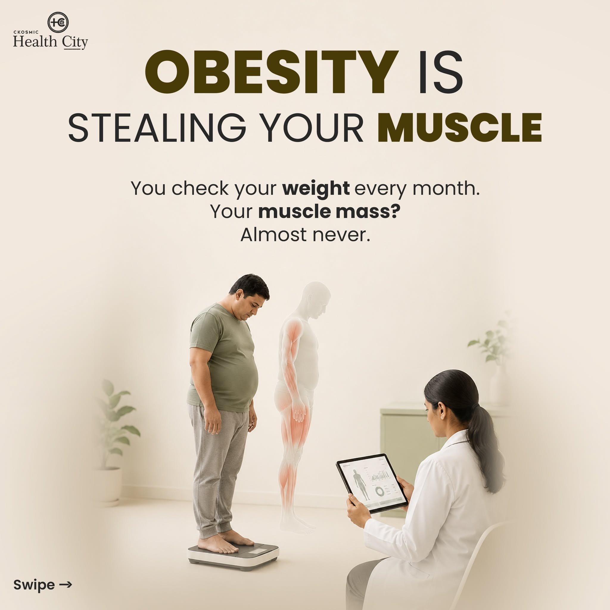 Instagram post: Strong obesity-stealing-muscle visual metaphor, slide 1
