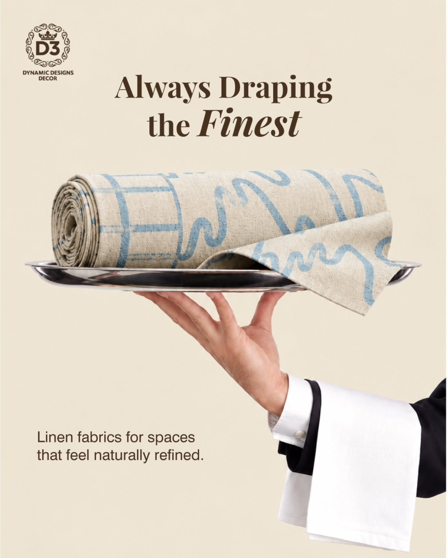 Carousel: Butler's gloved-style hand serving a rolled linen fabric on a silver tray, slide 1