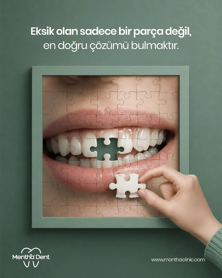 Dental creative ad: Smile photo as a framed jigsaw puzzle with a missing tooth piece