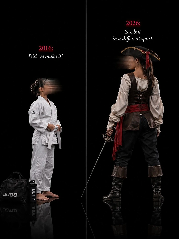Martial Arts Academies creative ad: Child in judo gi vs grown woman in pirate costume