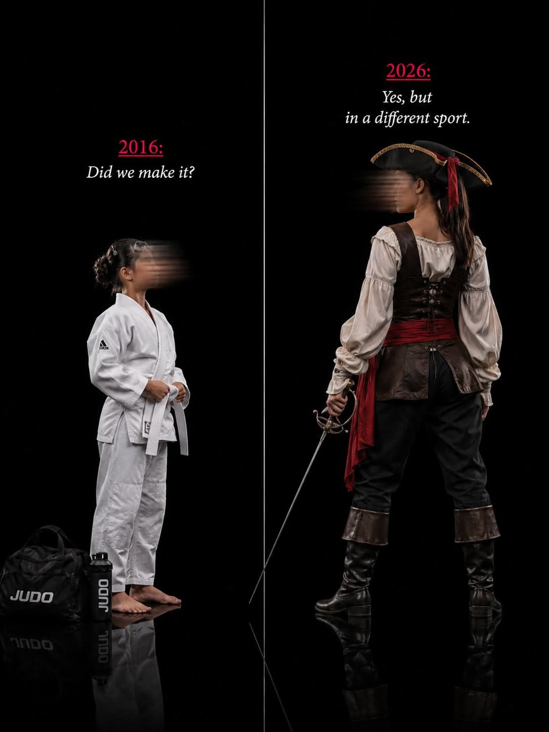 Instagram post: Child in judo gi vs grown woman in pirate costume