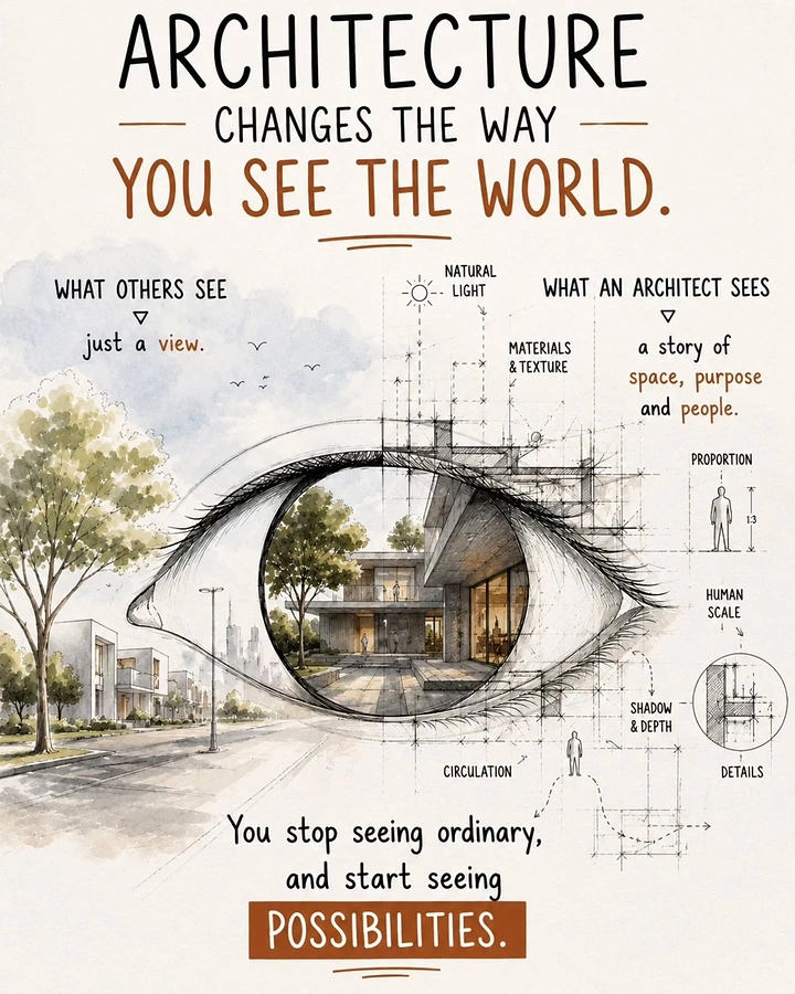 Construction creative ad: Large sketched eye whose iris reveals a modern house, surrounded by architectural annotations