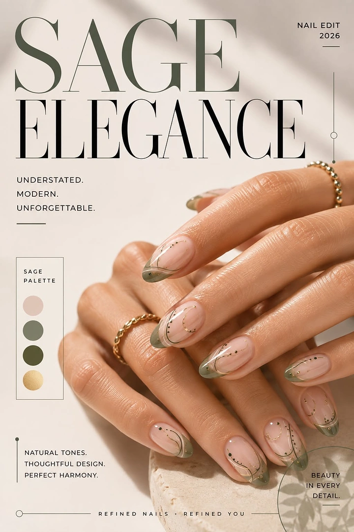 Nail Salons creative ad: Editorial magazine layout with sage palette