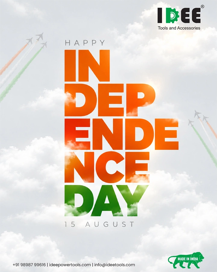 Independence Day creative ad: Stacked giant tricolour gradient word over a cloudy sky