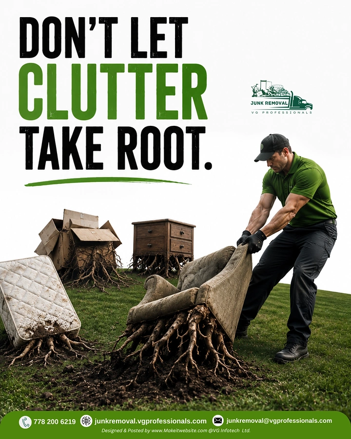 Junk Removal creative ad: Worker pulling a rooted armchair from the lawn