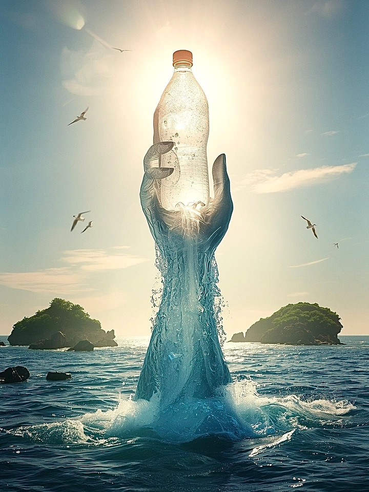Packaged Drinking Water creative ad: Surreal bottle transforms into water figure