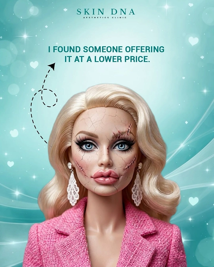 Plastic Surgery Clinics creative ad: Warning copy uses uncanny beauty metaphor