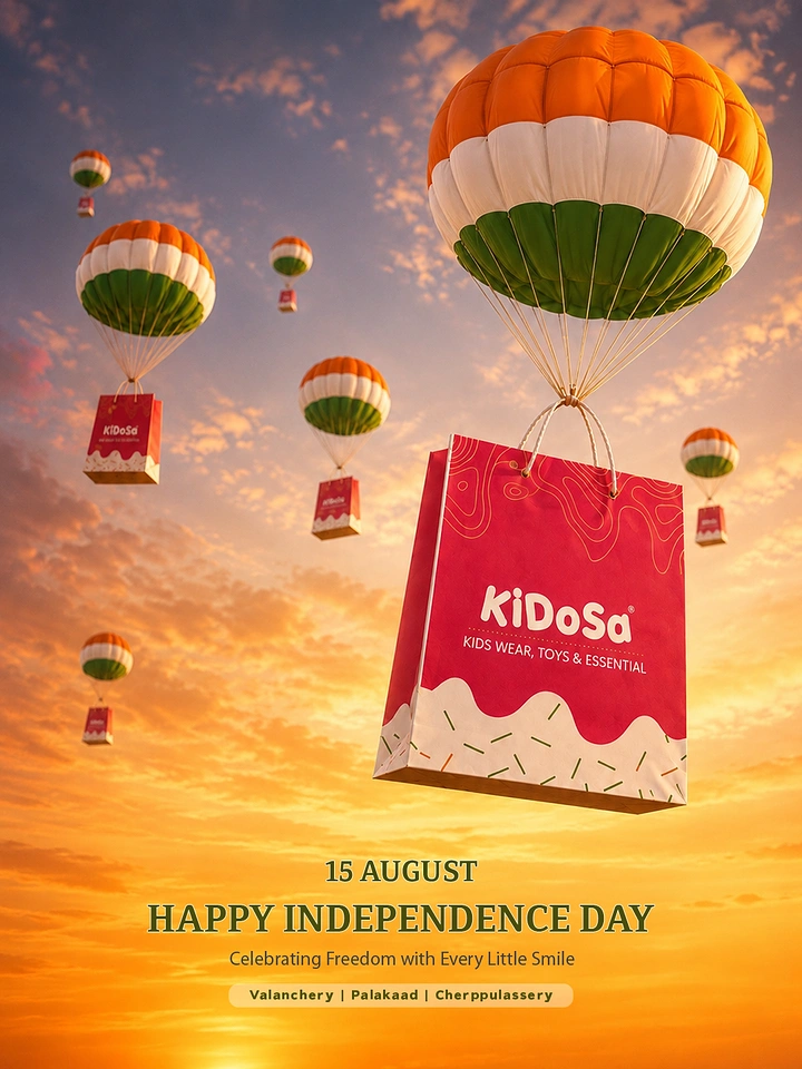 Independence Day creative ad: Tricolour balloons carrying branded shopping bags across a sunset sky
