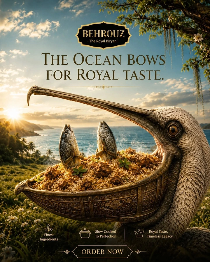 Biryani Restaurants & Brands creative ad: Giant pelican whose beak is an ornate bowl of biryani, with two fish bowing