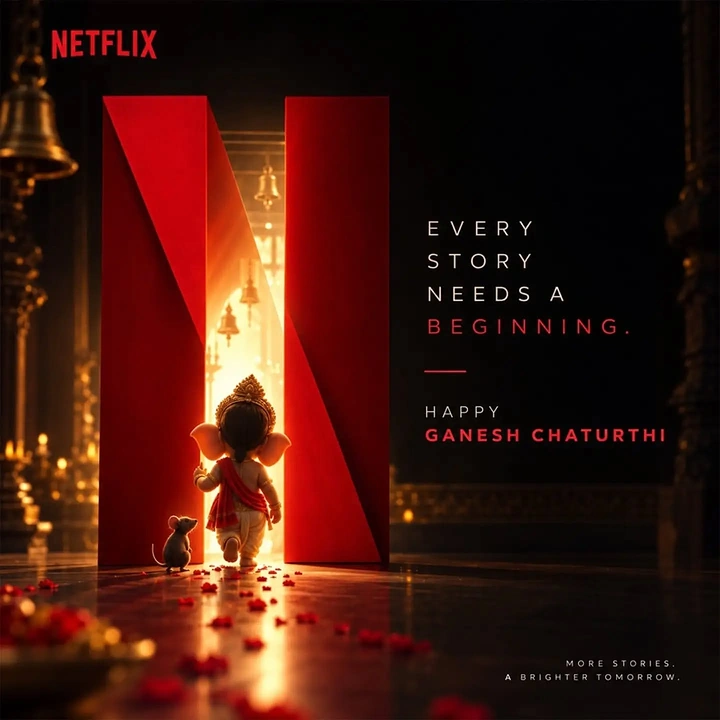 Ganesh Chaturthi creative ad: Child Ganesha walking through a giant red letter doorway