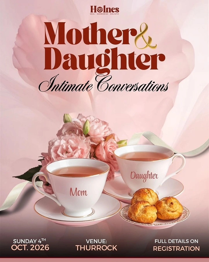 Mother's Day creative ad: Two gold-rimmed teacups labelled Mom and Daughter with flowers and pastries