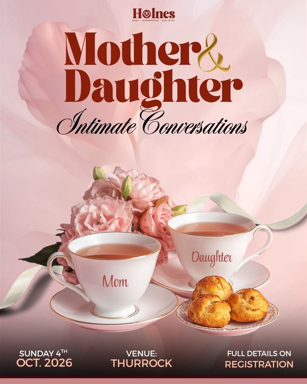 Mother's Day Instagram post: Two gold-rimmed teacups labelled Mom and Daughter with flowers and pastries