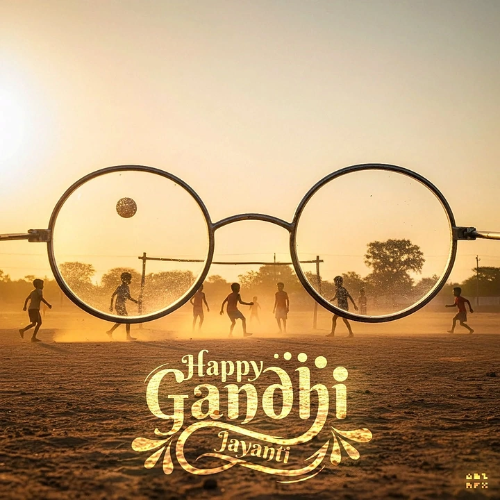 Gandhi Jayanti creative ad: Round spectacles framing children playing football in a dusty field at sunset