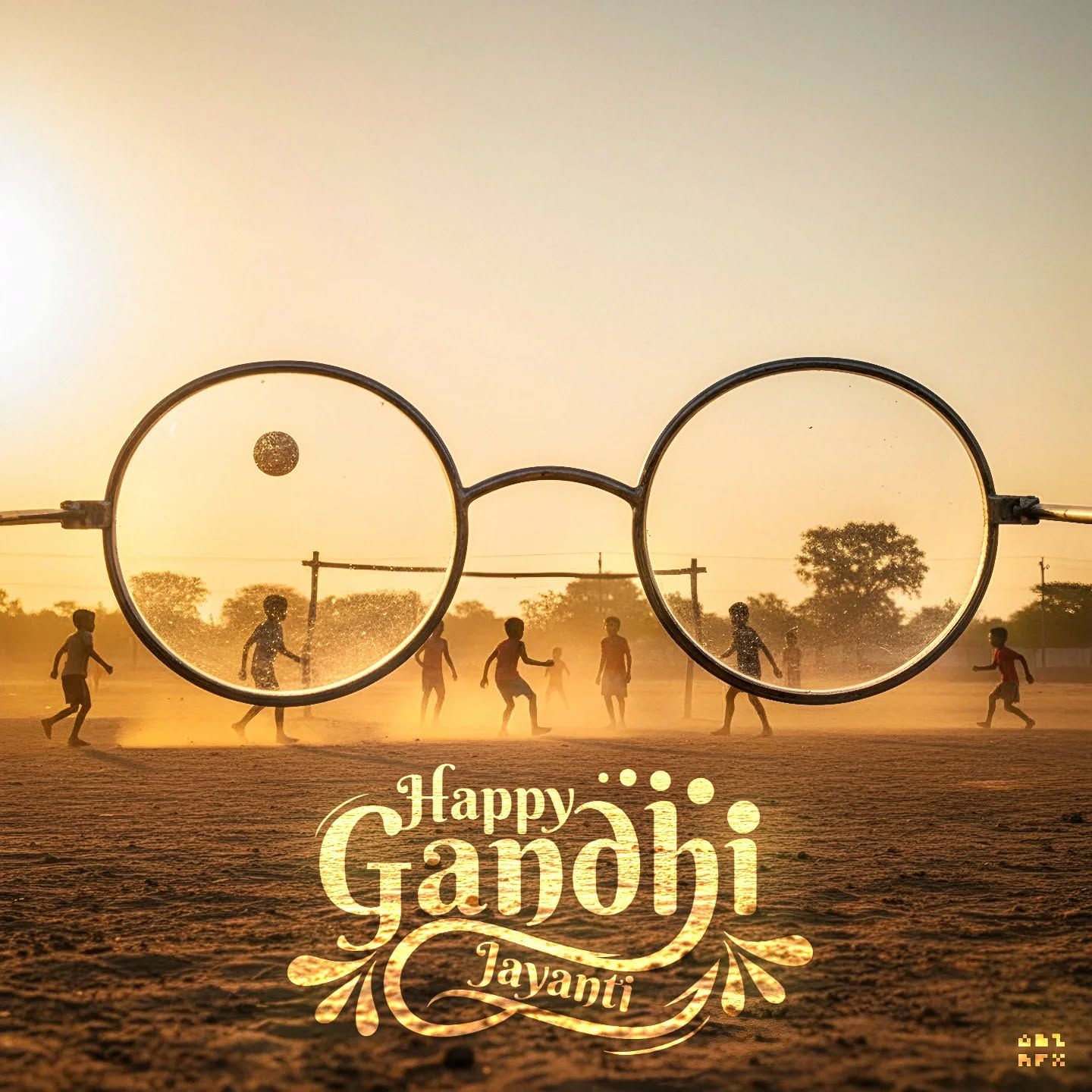 Round spectacles framing children playing football in a dusty field at sunset