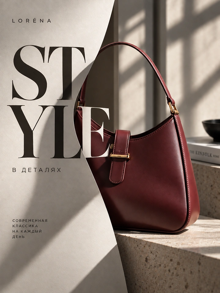 Creative ad: Burgundy leather shoulder bag on a stone ledge