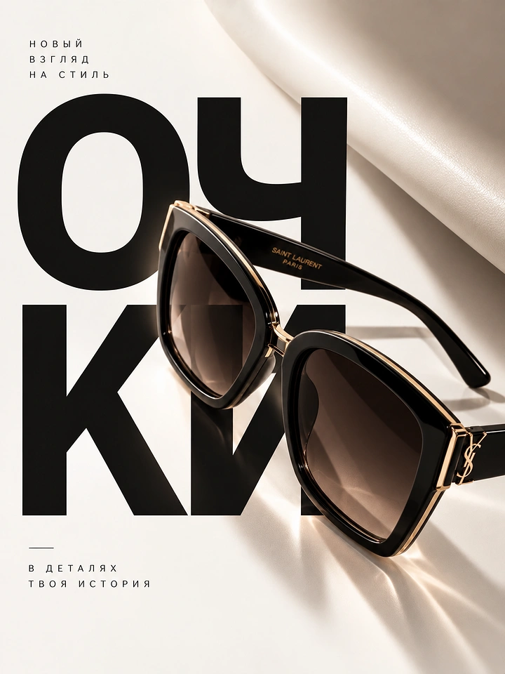 Creative ad: Black and gold cat-eye sunglasses resting on cream satin
