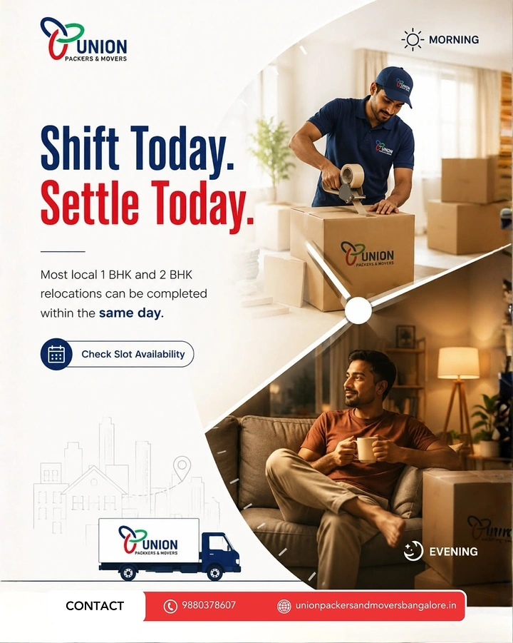 Movers & Packers creative ad: Clock split morning packing, evening settled