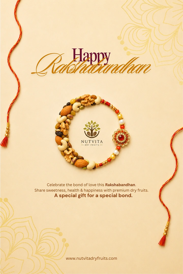 Raksha Bandhan creative ad: Circle made of half dry fruits and half rakhi beads