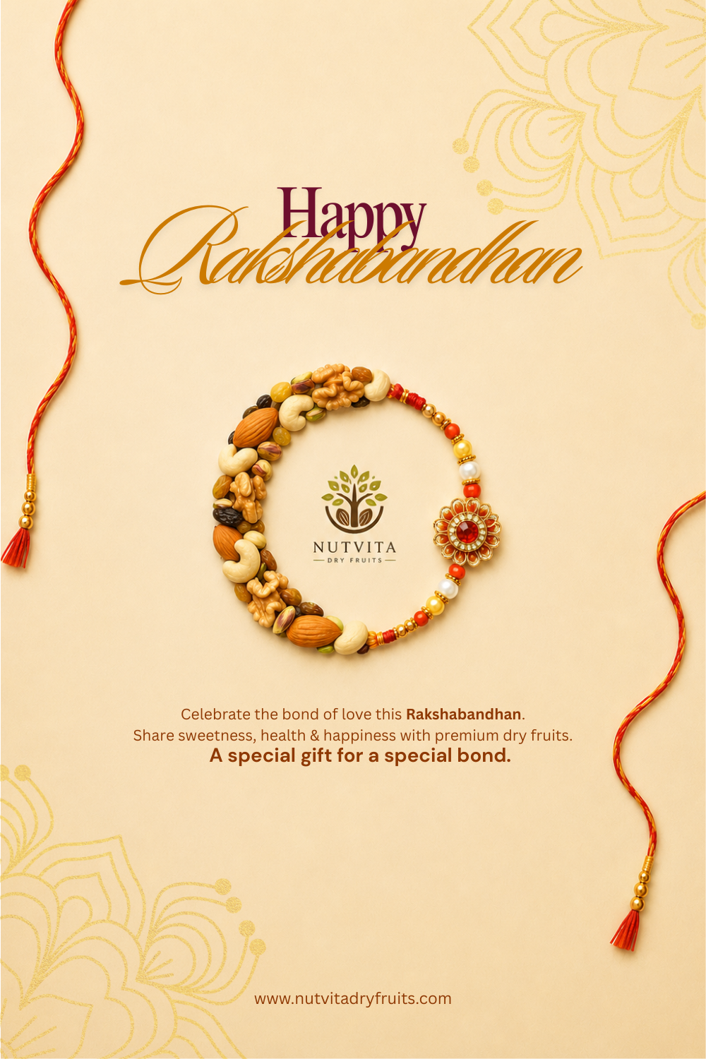 Circle made of half dry fruits and half rakhi beads