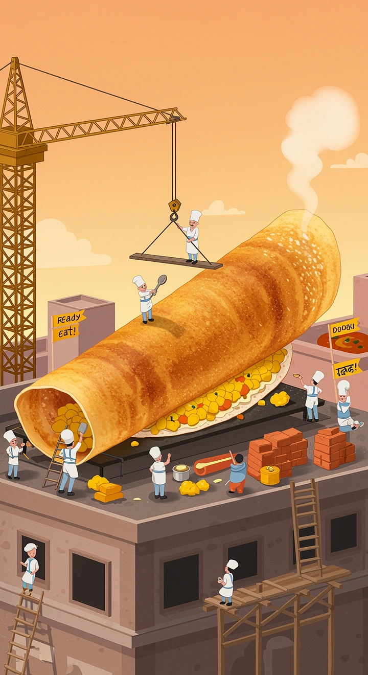 Cloud Kitchens & Food Trucks creative ad: Dosa craned up like construction site