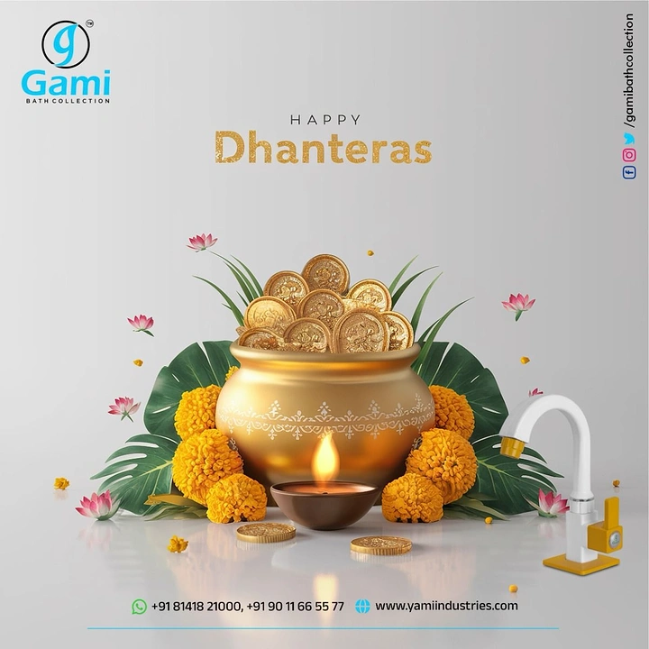 Dhanteras creative ad: Bath brand's faucet beside gold coin kalash