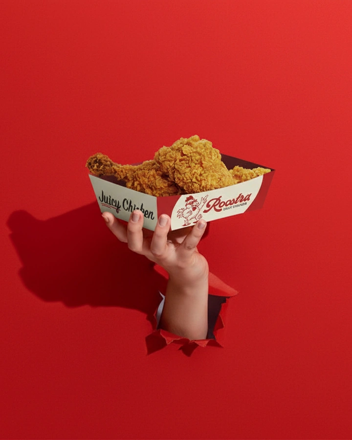 Creative ad: Hand bursting through red paper holding a fried chicken tray