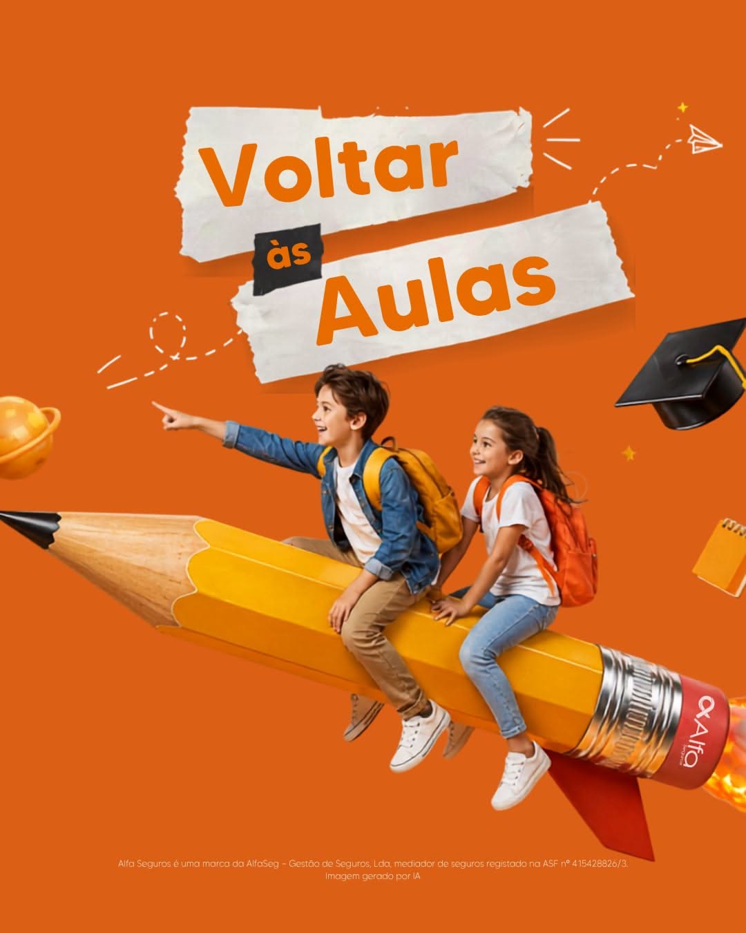 Two children riding a flying pencil rocket