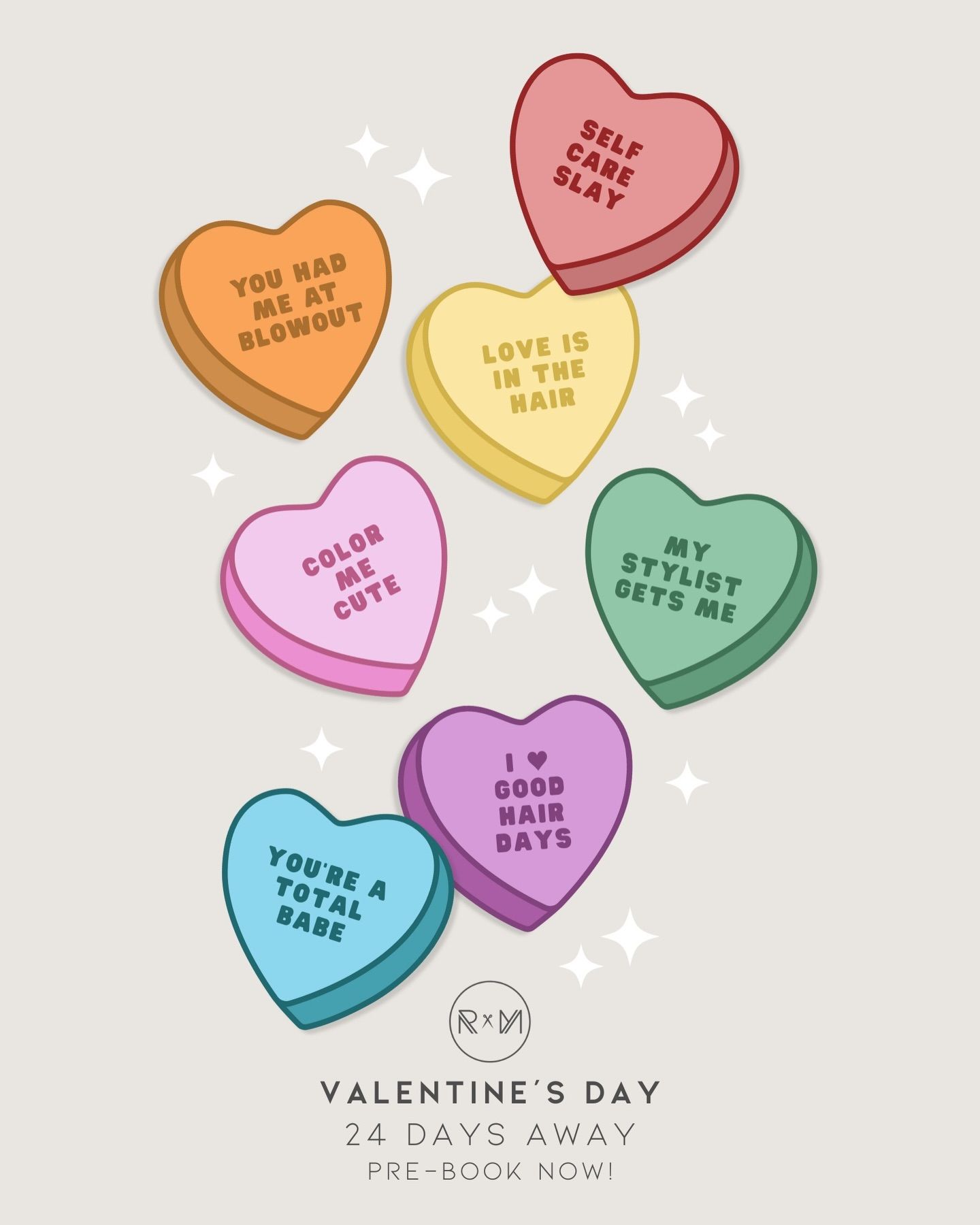 Valentine's Day Instagram post: Scattered candy conversation hearts with hair puns