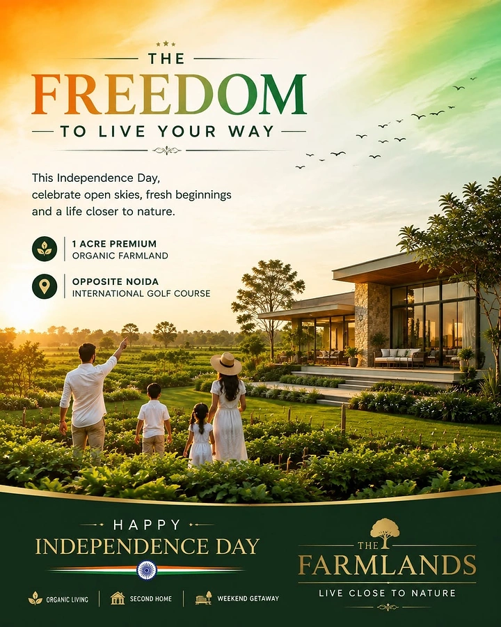 Independence Day creative ad: Family walking through lush farmland toward a modern farmhouse at sunrise